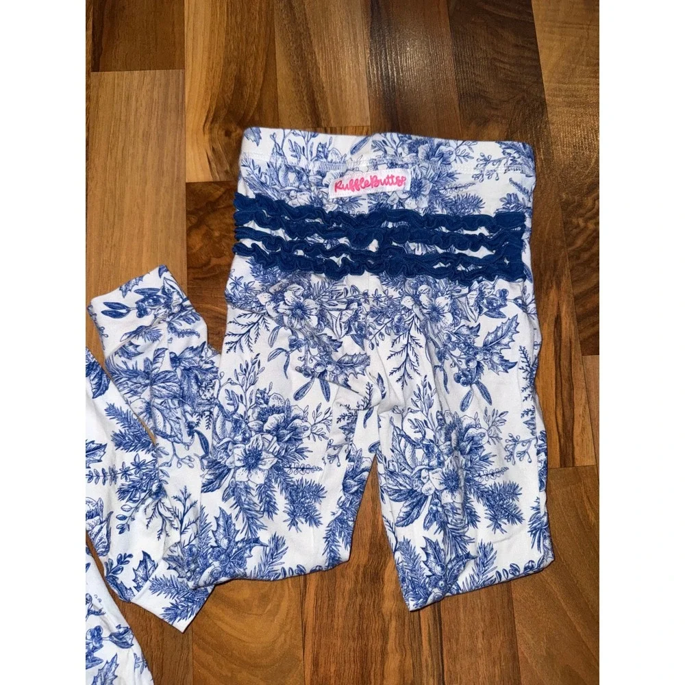RuffleButts Pajama Set Toddler Girls 2T Blue White Floral Toile Excellent Ruffle